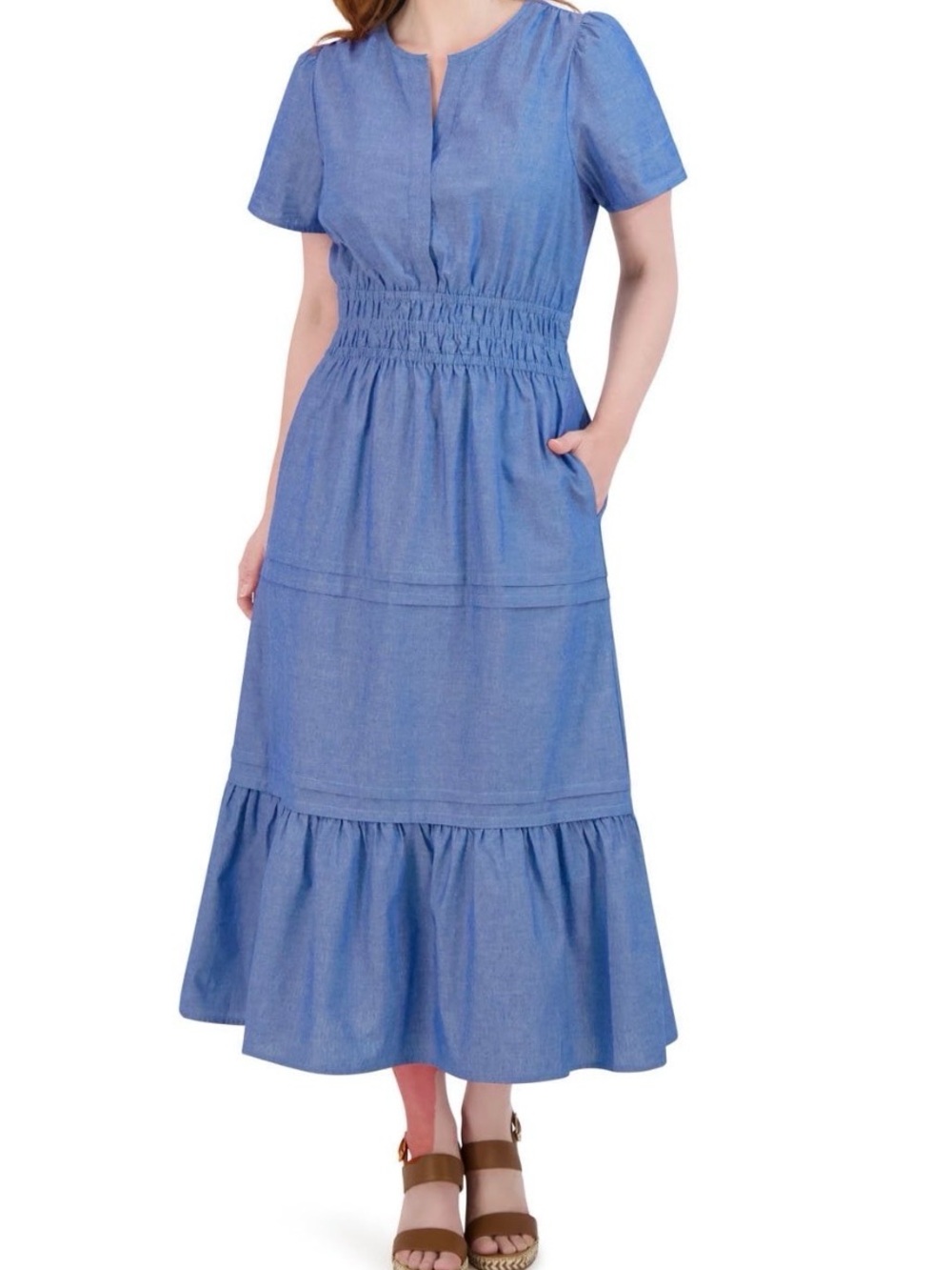 French Connection Chambray Maxi Dress Size L Blue Smocked Waist Tiered